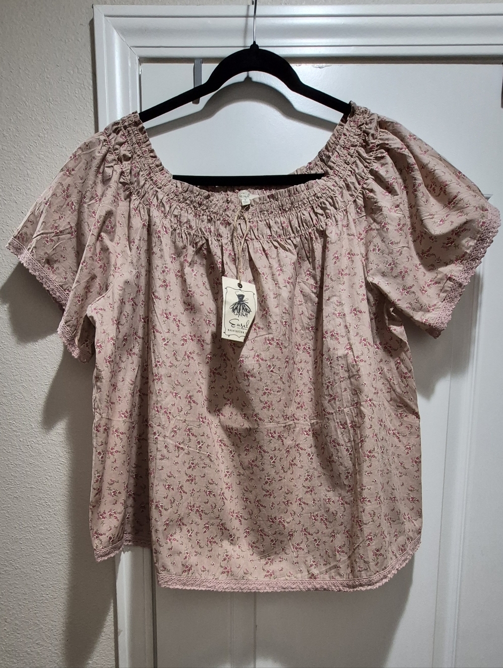 Easel Oversized Floral Off Shoulder Blouse Pink Cottagecore Boho Top Size S NWT